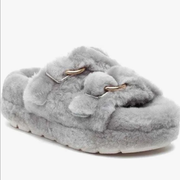 BRAND NEW J/SLIDES Brooke Grey 100% WOOL SHEARLING Platform Buckled Slides 7 - Picture 2 of 15